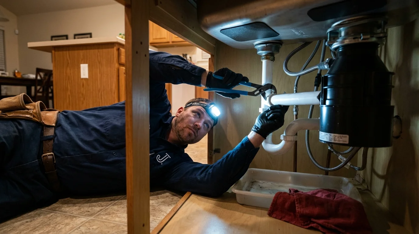 P-trap and supply line connections under a kitchen sink showing a common leak point in Wilsonville, OR
